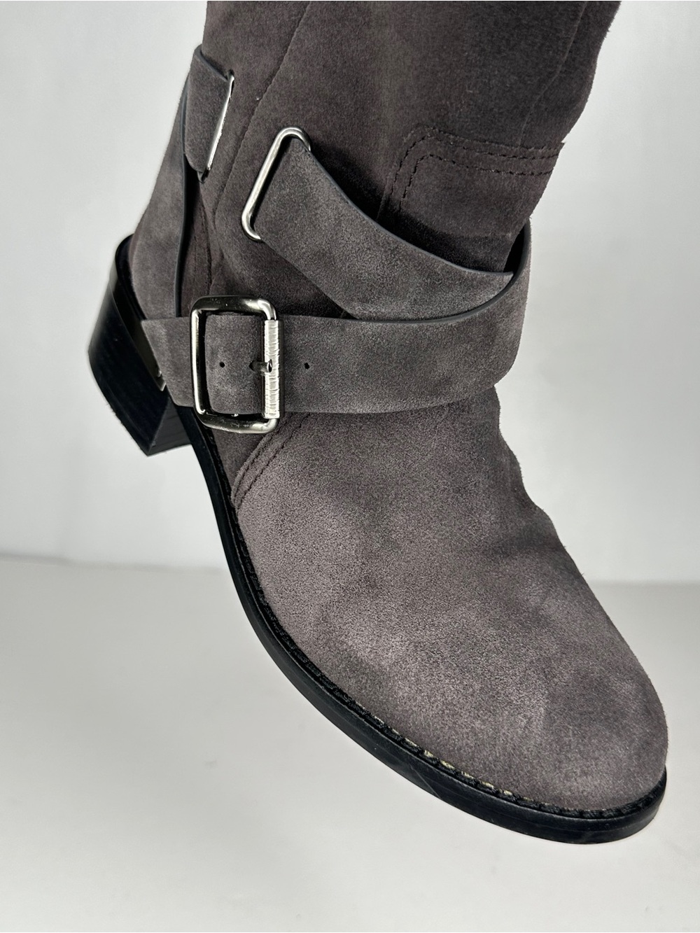 Vince Camuto Wethima Suede Ankle Harness Boots in Charcoal Gray Moto Sz 7.5 - Picture 7 of 9